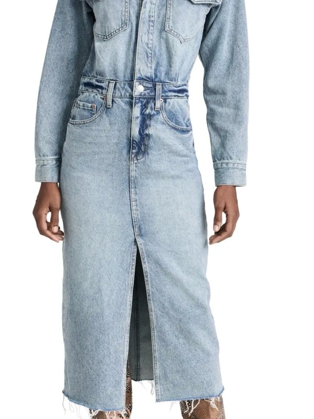 Pistola Amira Midi Dress Denim Dress Long Sleeve Maxi Frayed Hem Blue Medium - Picture 1 of 9